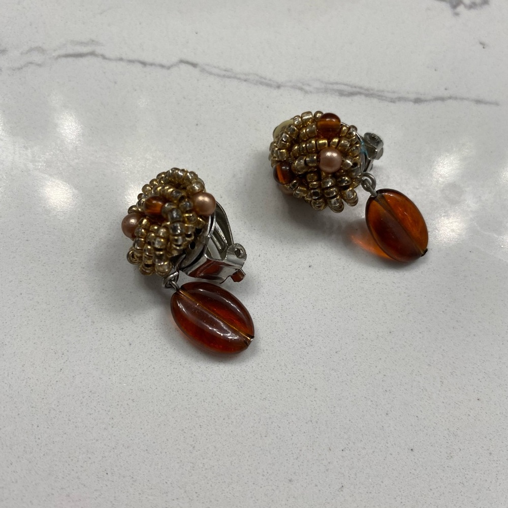 Vintage Brown Beaded Clip-On Earrings